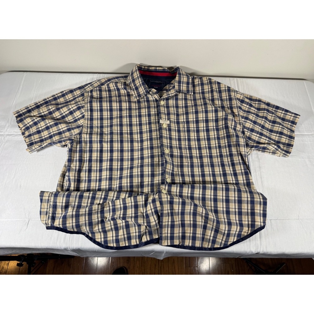 Tommy Jeans Mens Large Plaid Button Down Shirt Short Sleeve Navy Tan Cotton